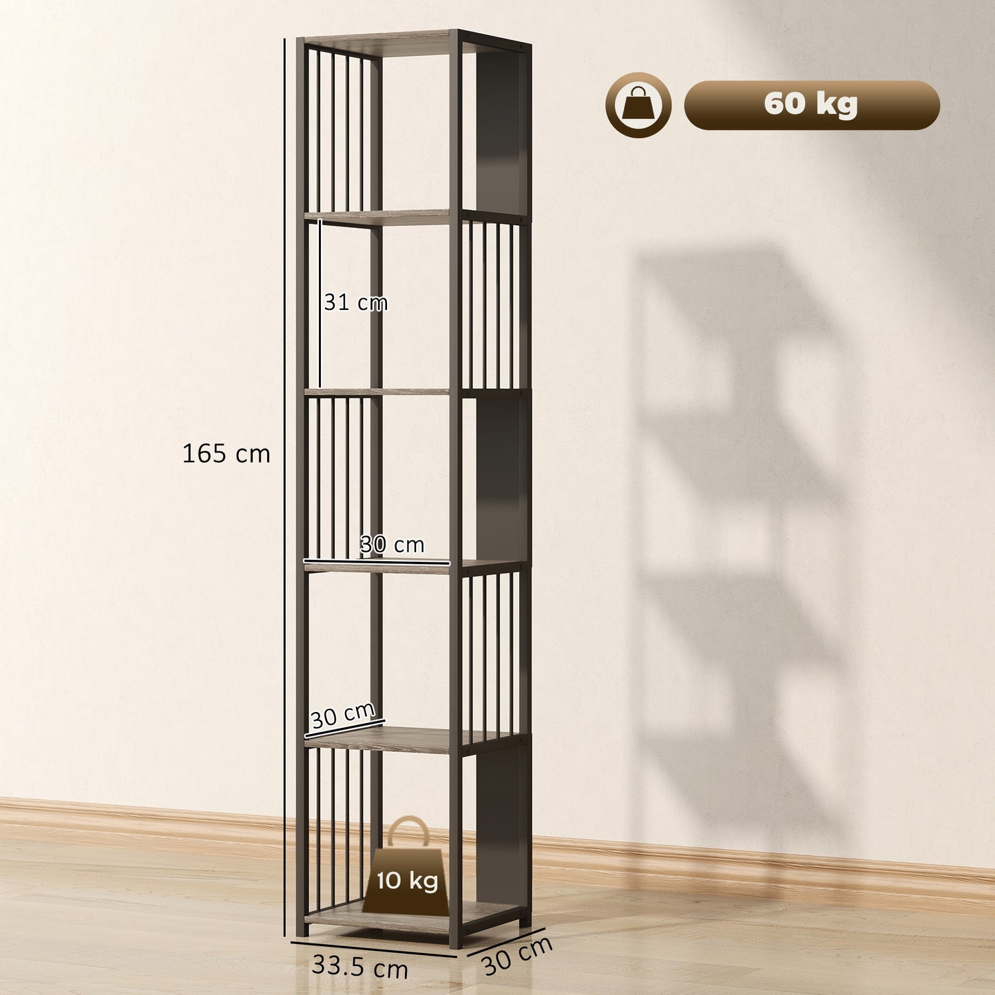 Homcom 5 Tier Bookshelf With Steel Frame Grey Wood Effect MDF Black Steel Anti Tip Straps Holds 60 Kg