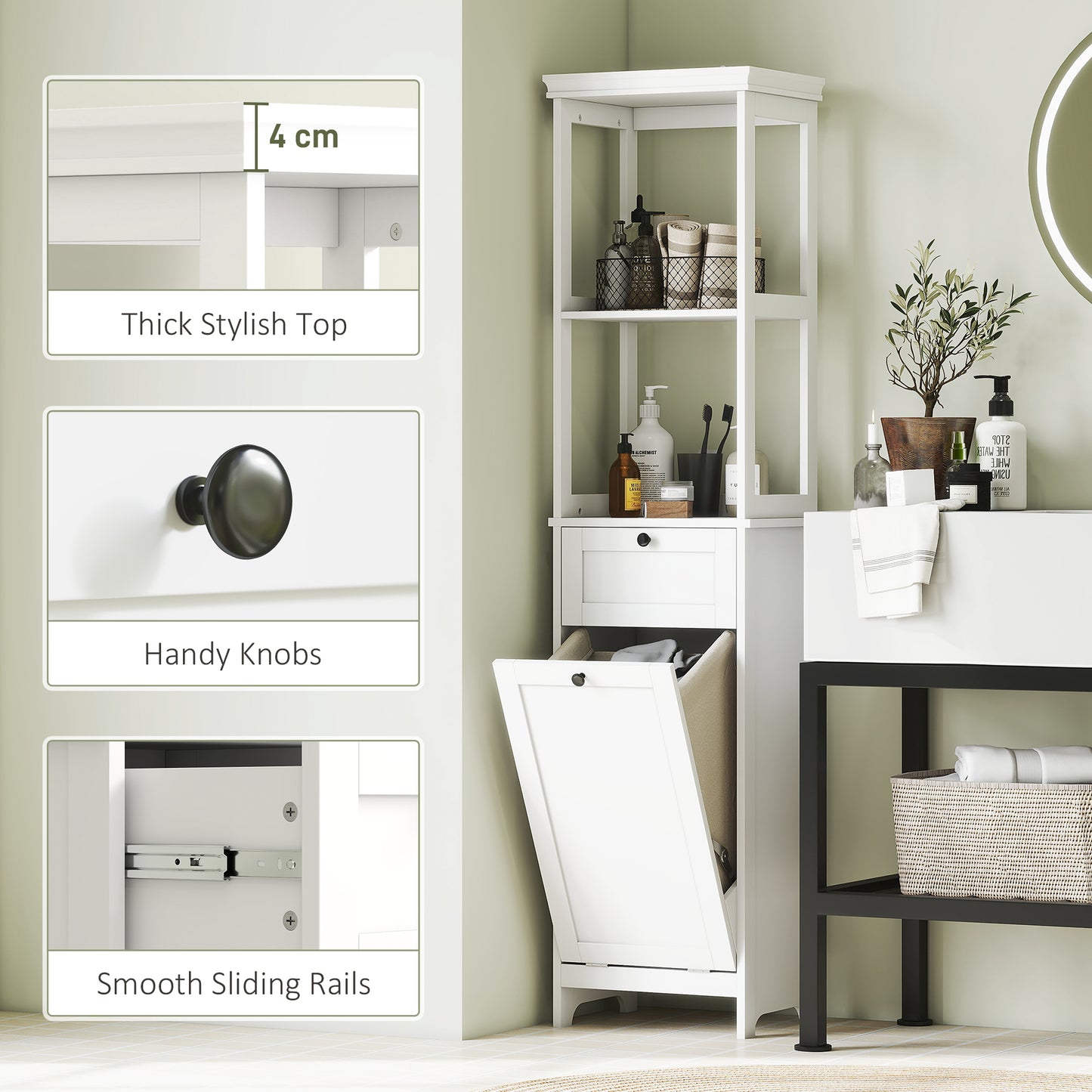 HOMCOM Tall Bathroom Cabinet With 30 L Laundry Hamper White Storage Organizer For Towels And Laundry