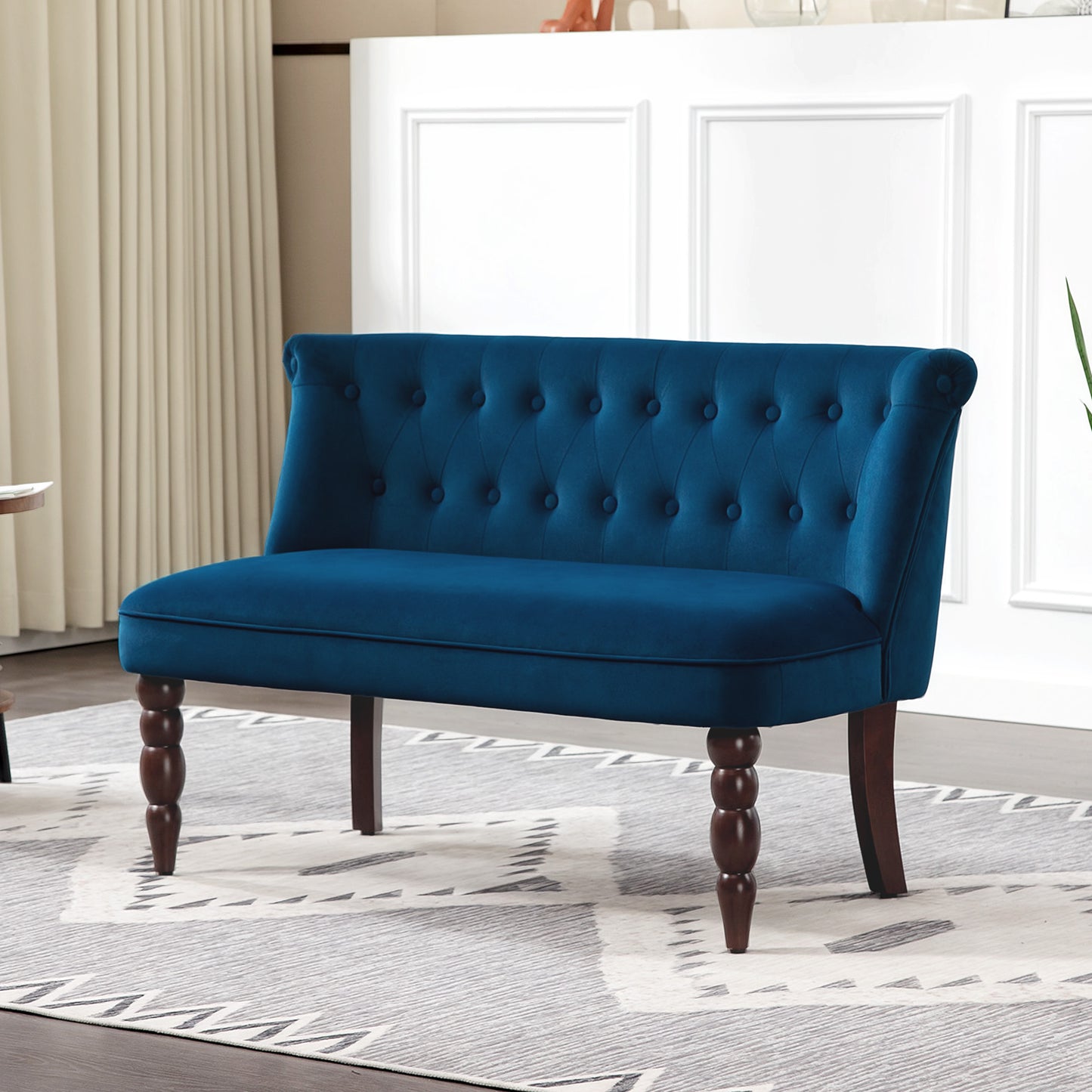 HOMCOM Velvet 2 Seater Sofa Button Tufted Wingback Loveseat Rubber Wood Legs Dark Blue for Living Room Bedroom