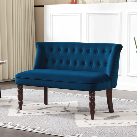 HOMCOM Velvet 2 Seater Sofa Button Tufted Wingback Loveseat Rubber Wood Legs Dark Blue for Living Room Bedroom