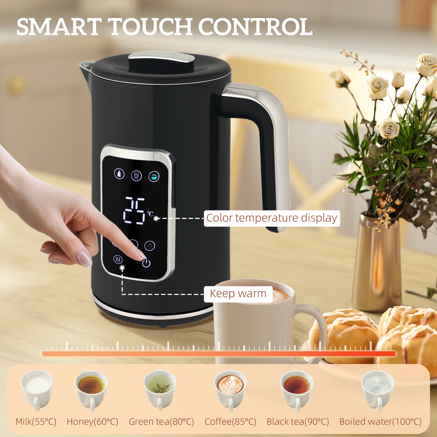HOMCOM Touch Screen Kettle And Toaster Set Black With 3000W Fast Boil 1.7L Kettle And Six Temperature Presets