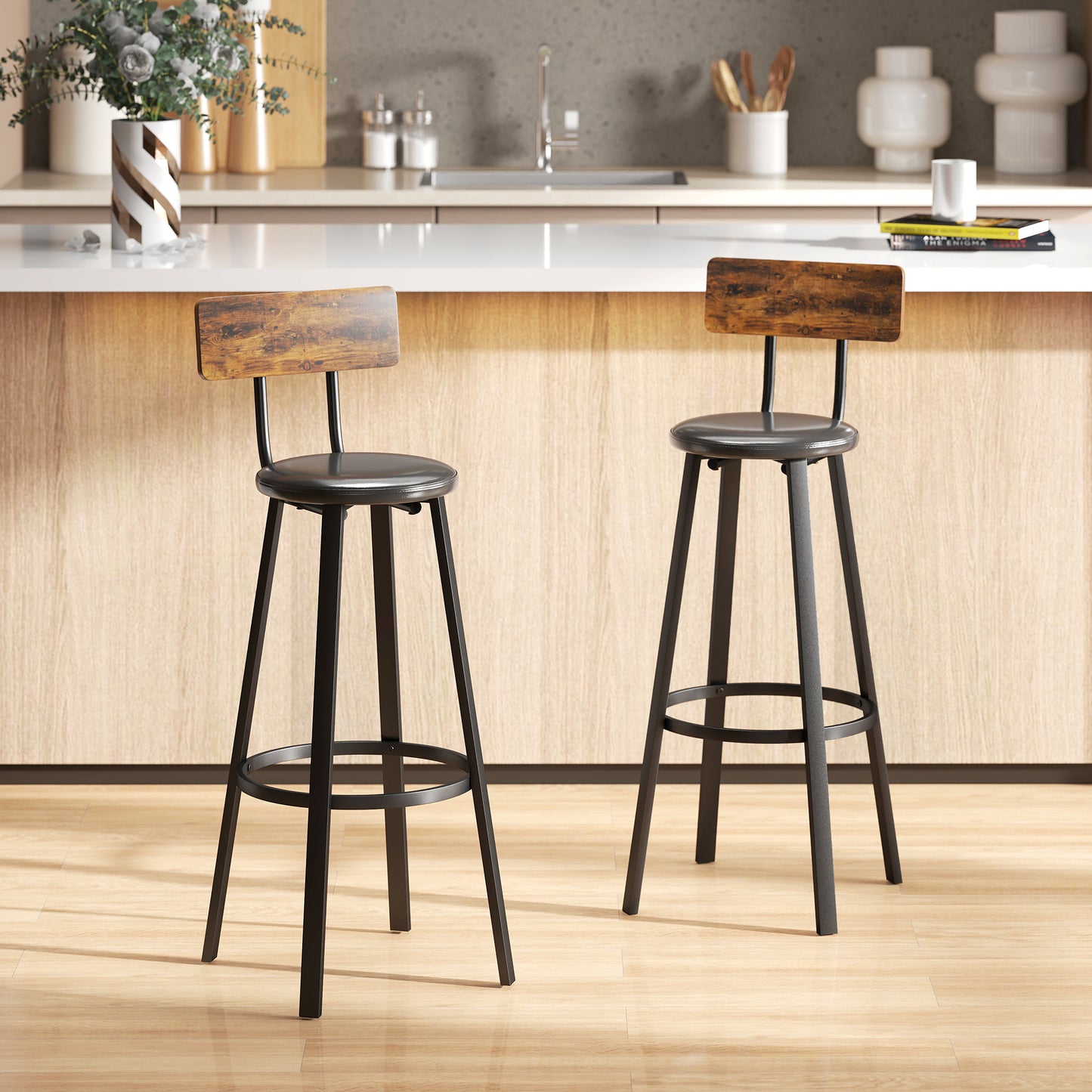 HOMCOM Set Of Two Industrial Style Bar Stools Black Metal Frames Dark Wood Back Panels For 104 To 109 Cm Countertops