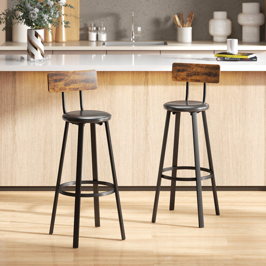 HOMCOM Set Of Two Industrial Style Bar Stools Black Metal Frames Dark Wood Back Panels For 104 To 109 Cm Countertops