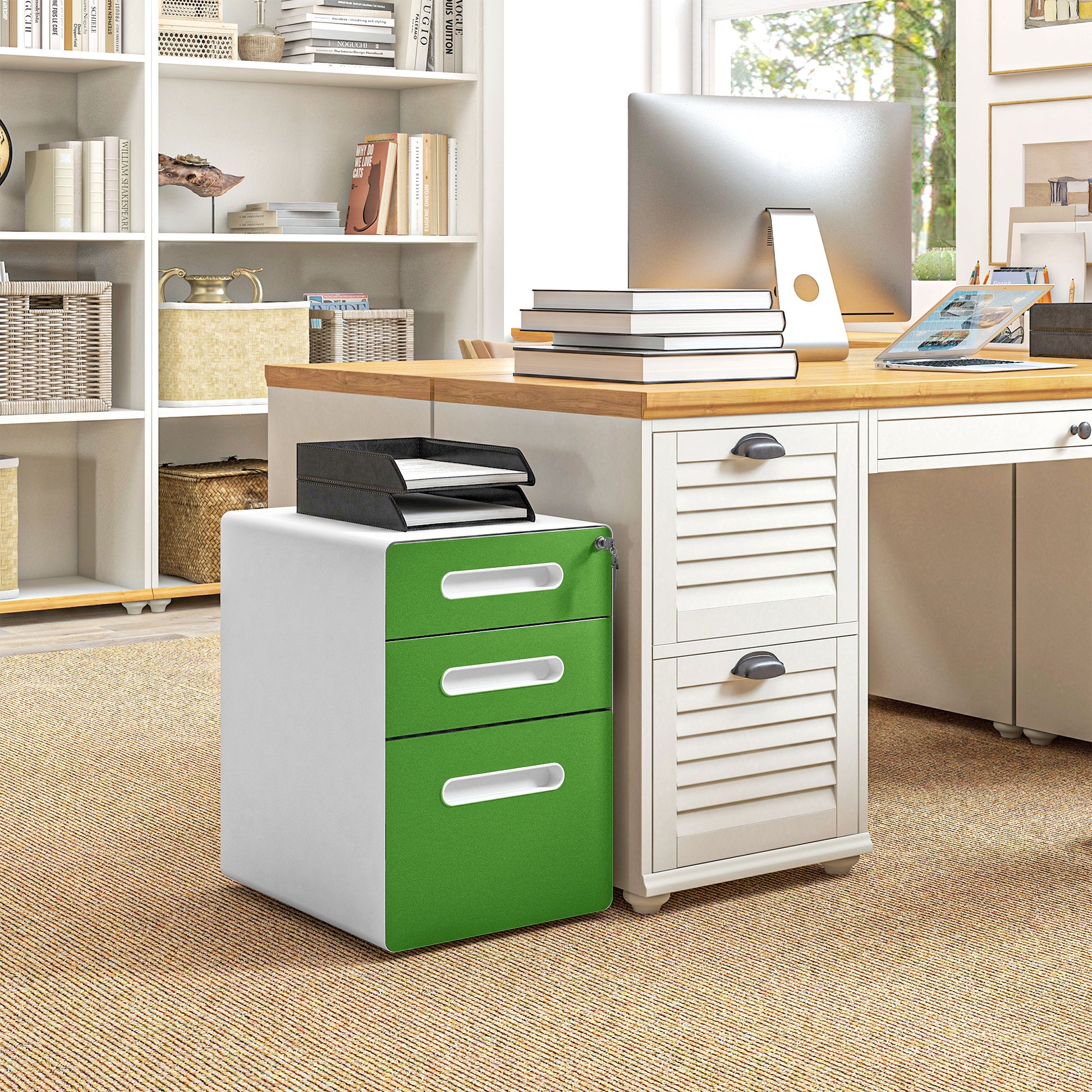 Vinsetto Green 3 Drawer Lockable Steel Filing Cabinet on Wheels for A4, Letter, and Legal Files - ALL4U RETAILER LTD