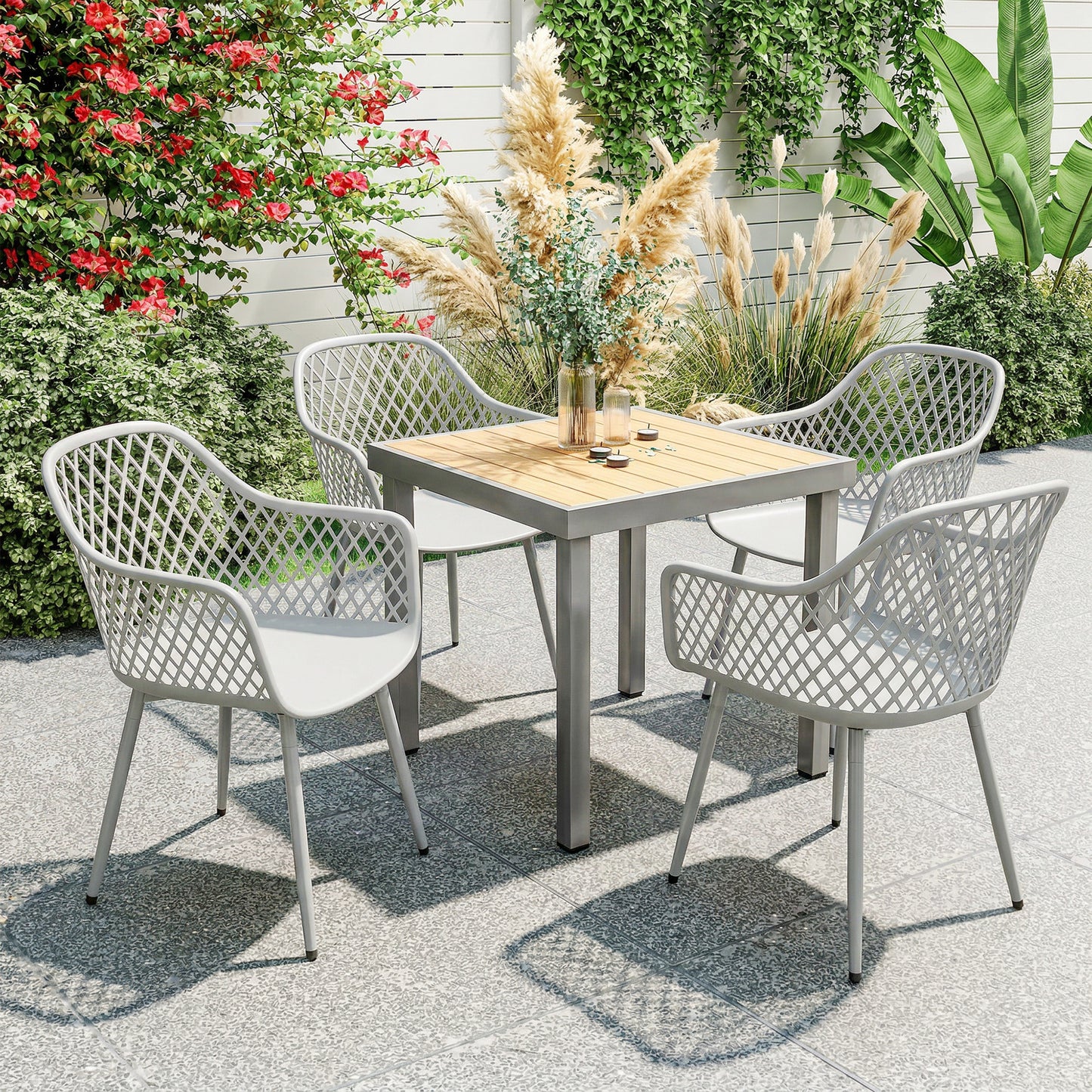 Outsunny Garden Chairs Set Of 4 Outdoor Dining Chairs With Cutout Diamond Back And Armrests Grey For Patio
