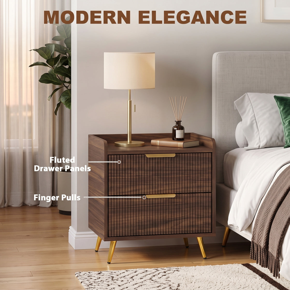 HOMCOM Two Drawer Bedside Table Walnut Brown Nightstand With Gold Handles