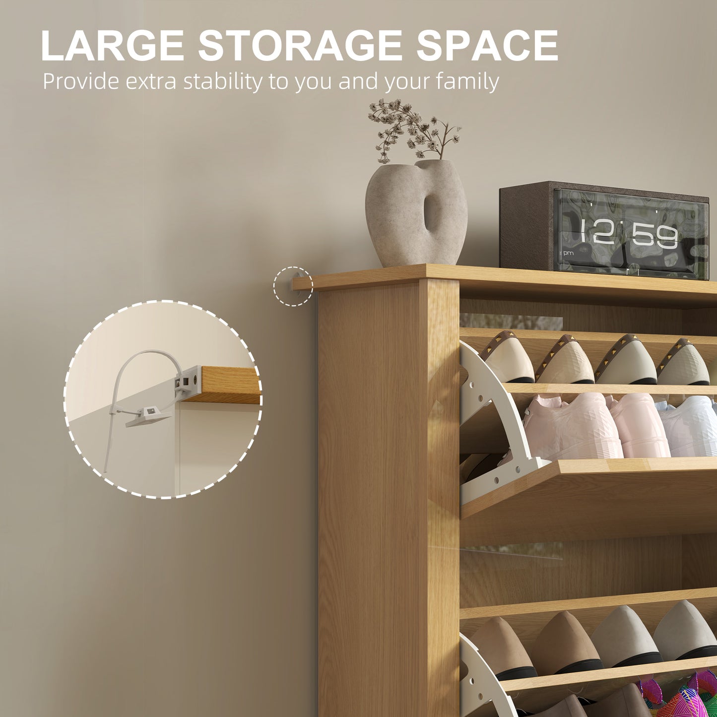 HOMCOM Slim Shoe Cabinet Narrow Cupboard With 3 Drawers And Adjustable Shelves For 18 Pairs Natural Wood Finish