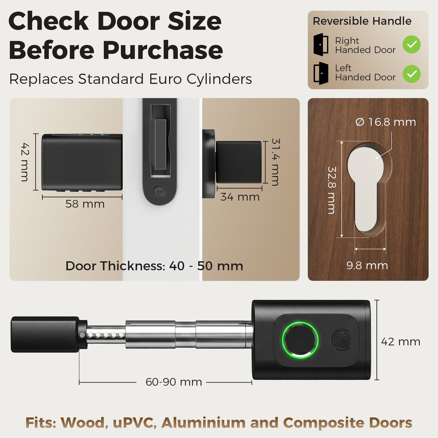 Homcom Smart Door Cylinder Fingerprint Passcode NFC Bluetooth