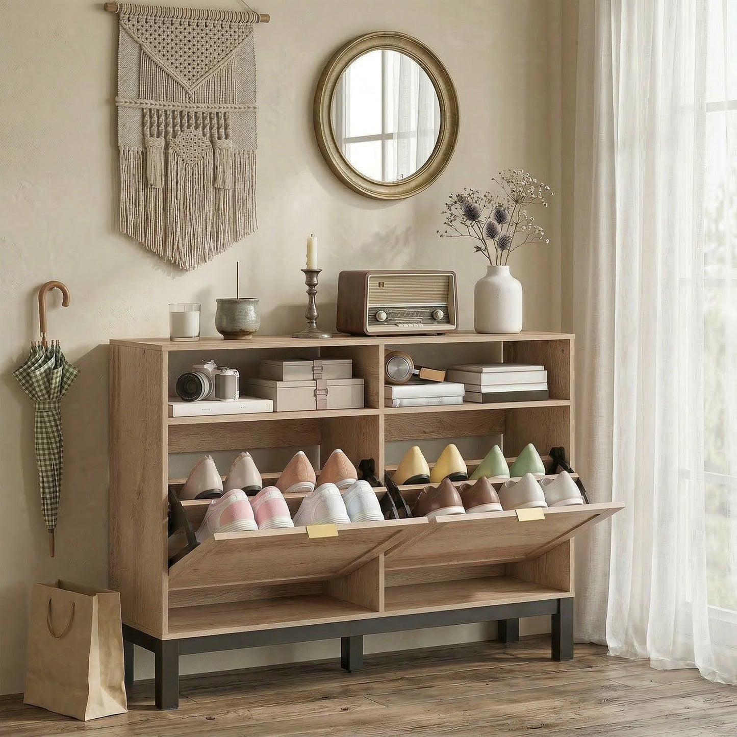 HOMCOM Walnut Brown Shoe Cabinet With 2 Flip Down Drawers Narrow Entryway Hallway Shoe Storage