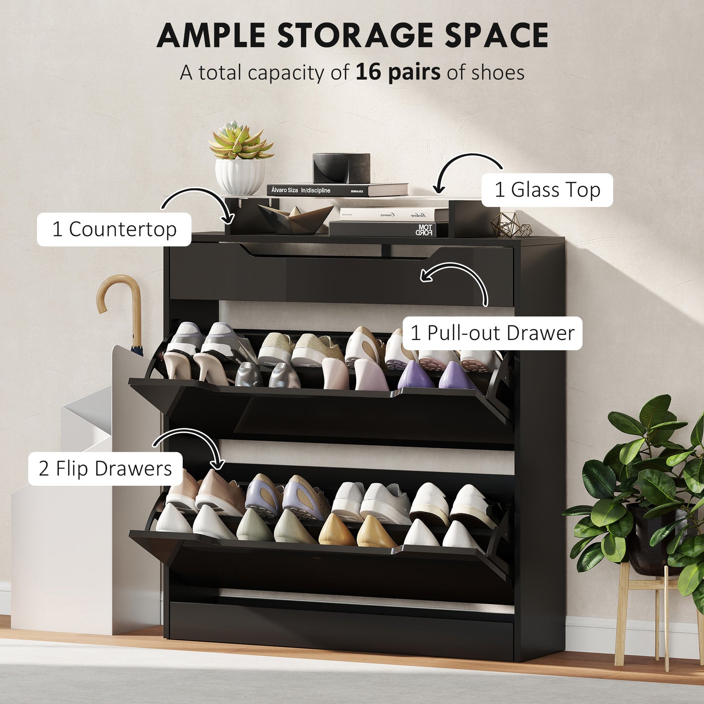 HOMCOM Narrow Shoe Storage Cabinet With Slide Out Drawer And Two Flip Doors Tempered Glass Top Black