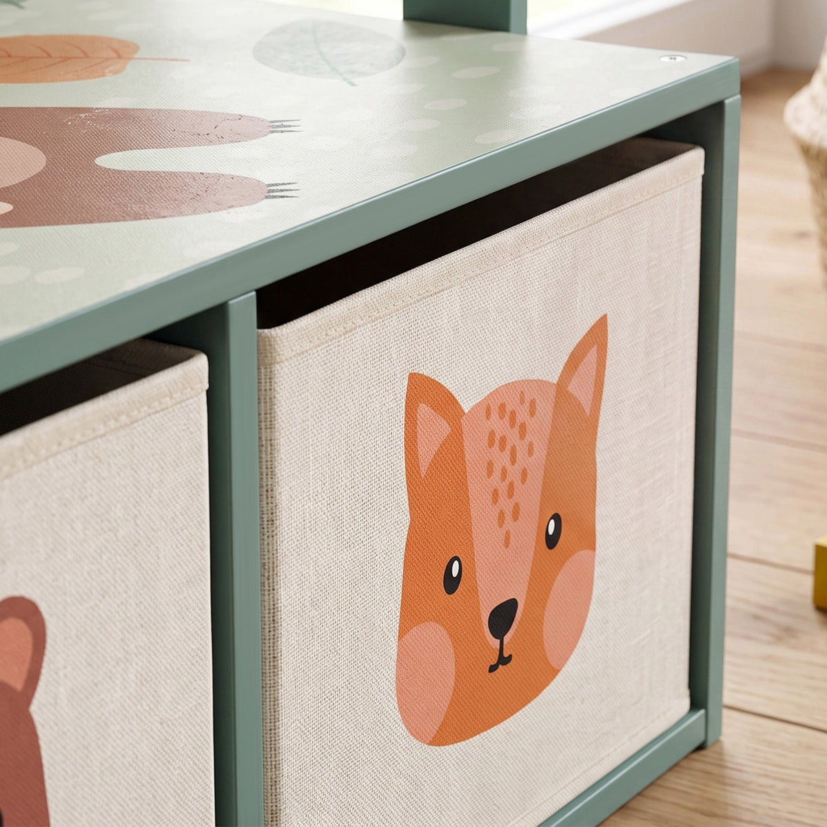 Green storage drawer with bear face graphic panel for kids table set