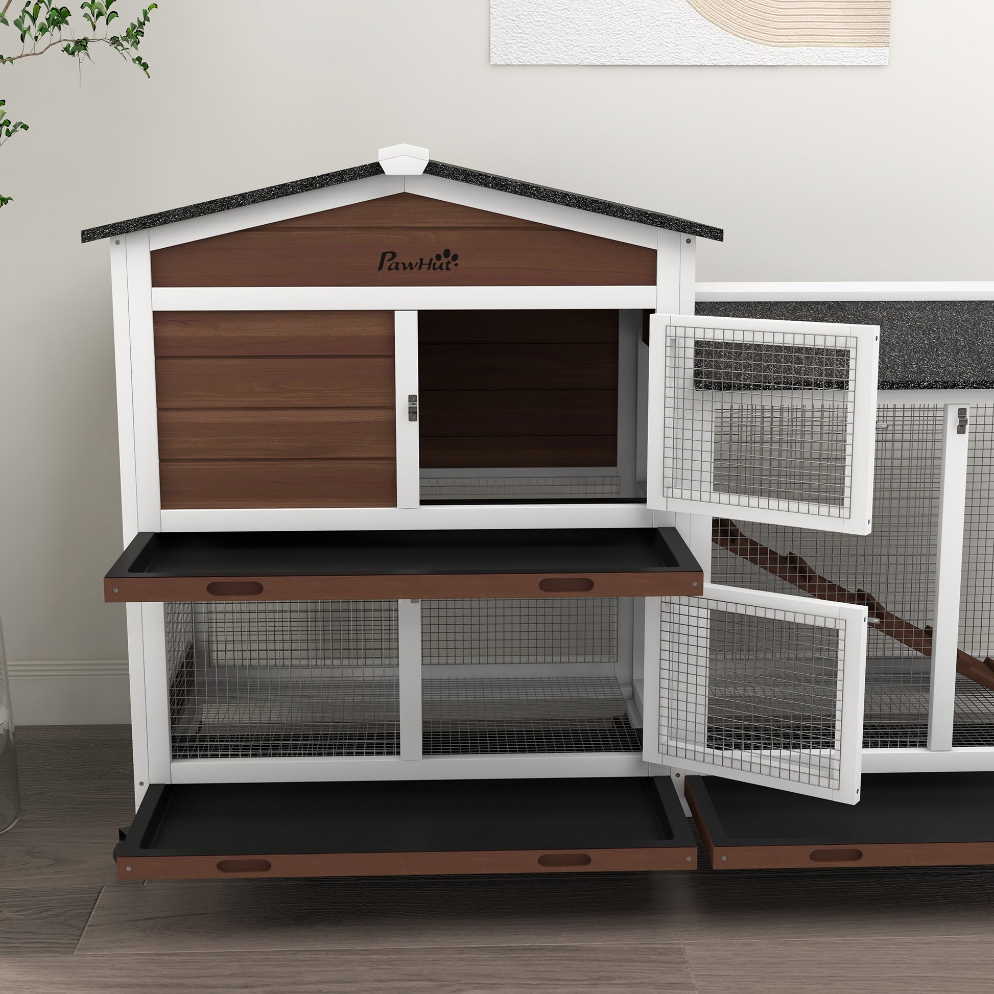 PawHut Two-Tier Wooden Rabbit Hutch with Wheels and Run, Durable Brown Design - ALL4U RETAILER LTD