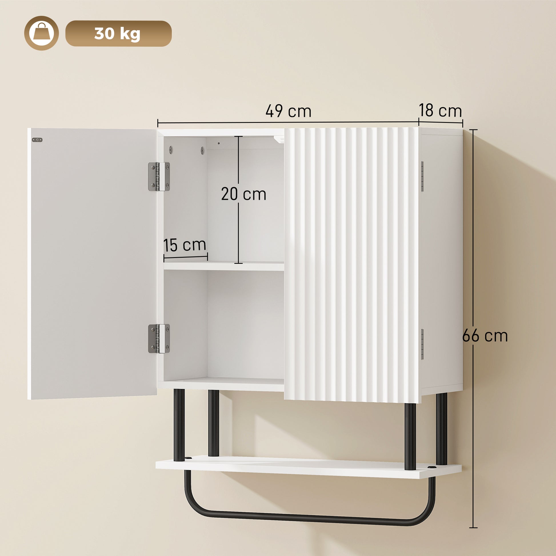 Wall-mounted white bathroom cabinet with open shelf and black towel bar; side view dimensions