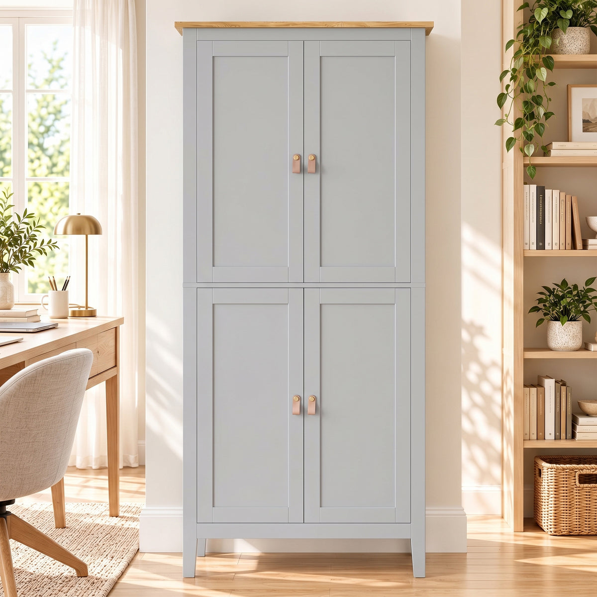 Grey tall pantry cupboard with four panel doors and adjustable cabinet shelves