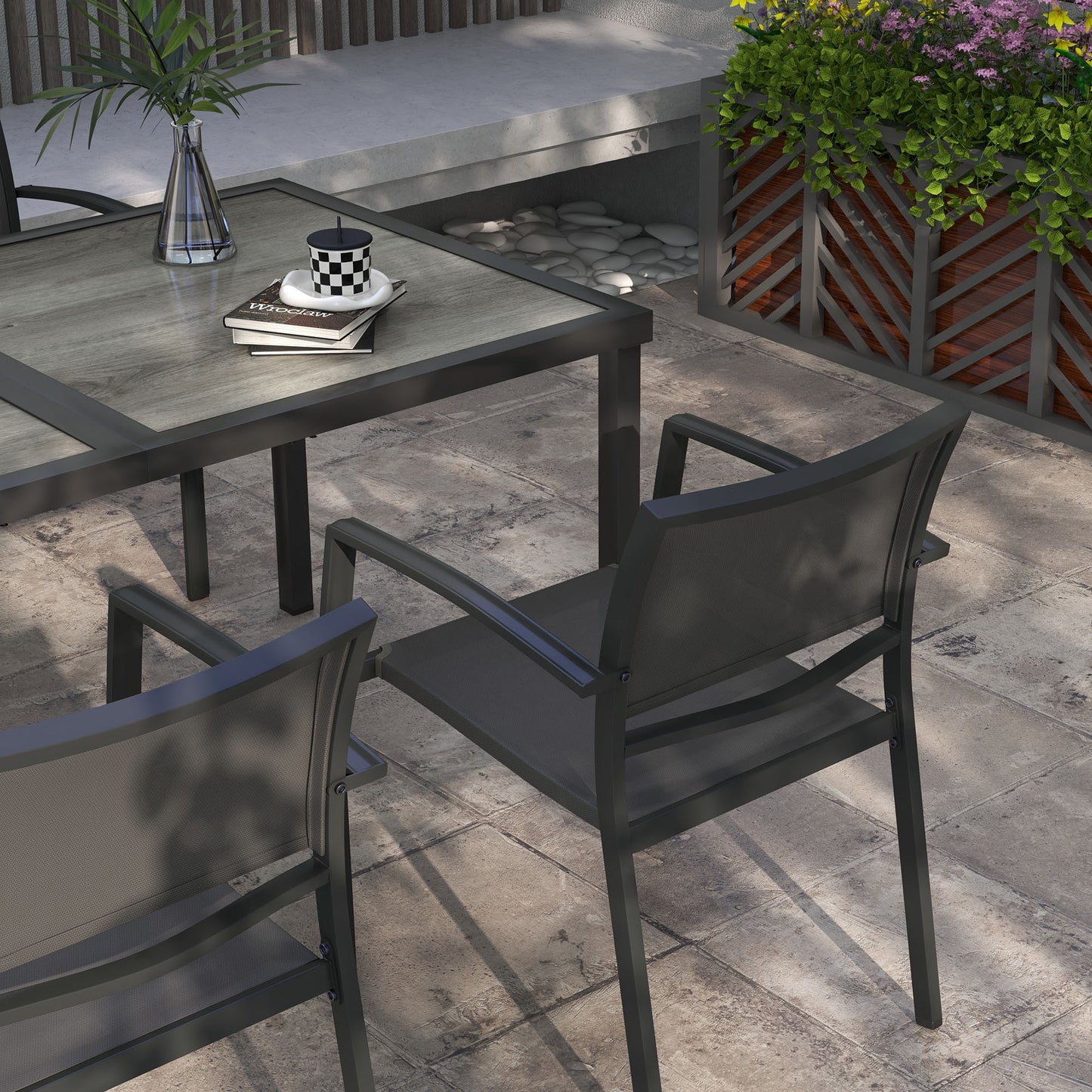 Outsunny Five Piece Casual Outdoor Dining Set With Wood Effect Table In Grey Weather Resistant