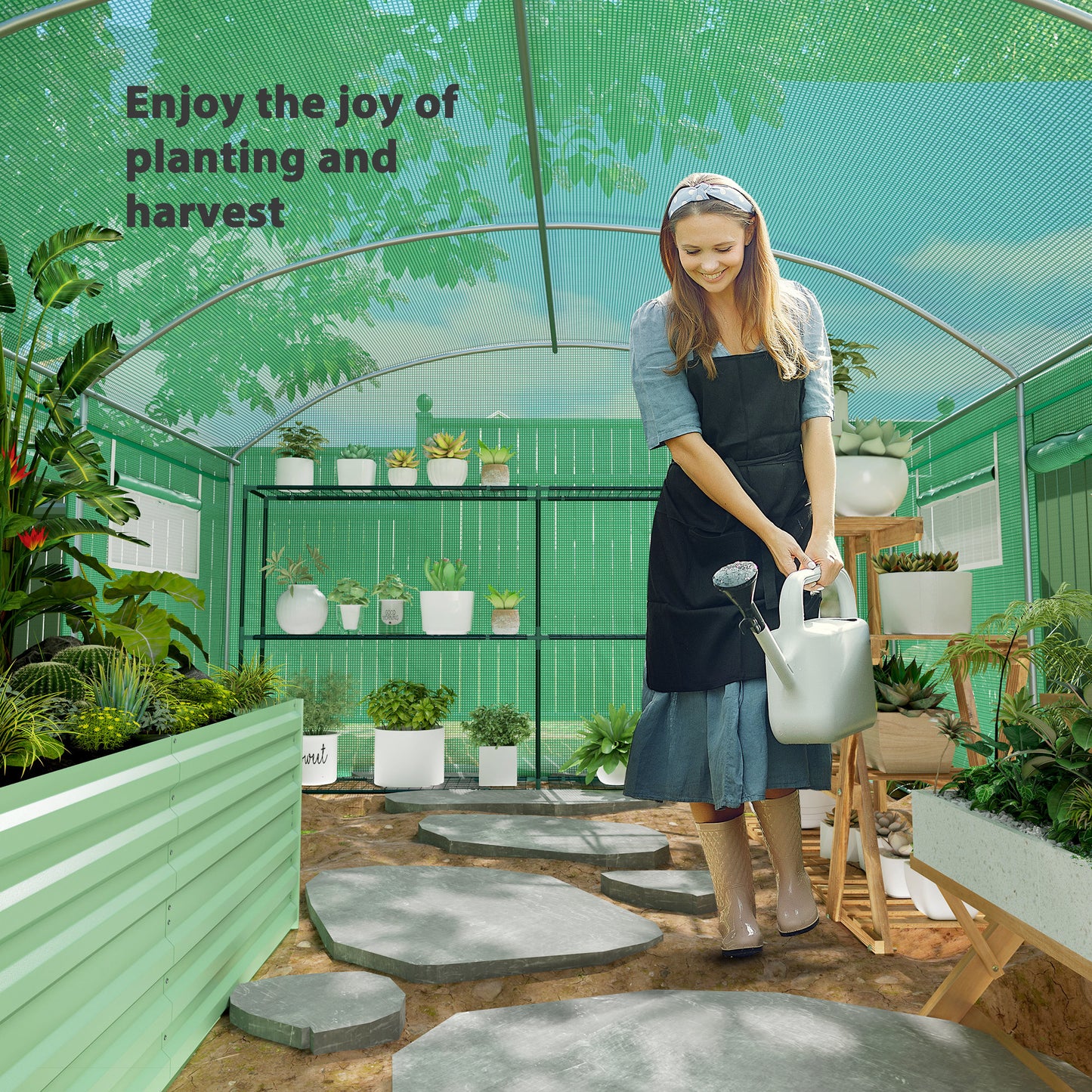 Outsunny 13 x 9.8 ft Walk-In Polytunnel Greenhouse With Roll-Up Doors And Mesh Windows 140gsm Cover