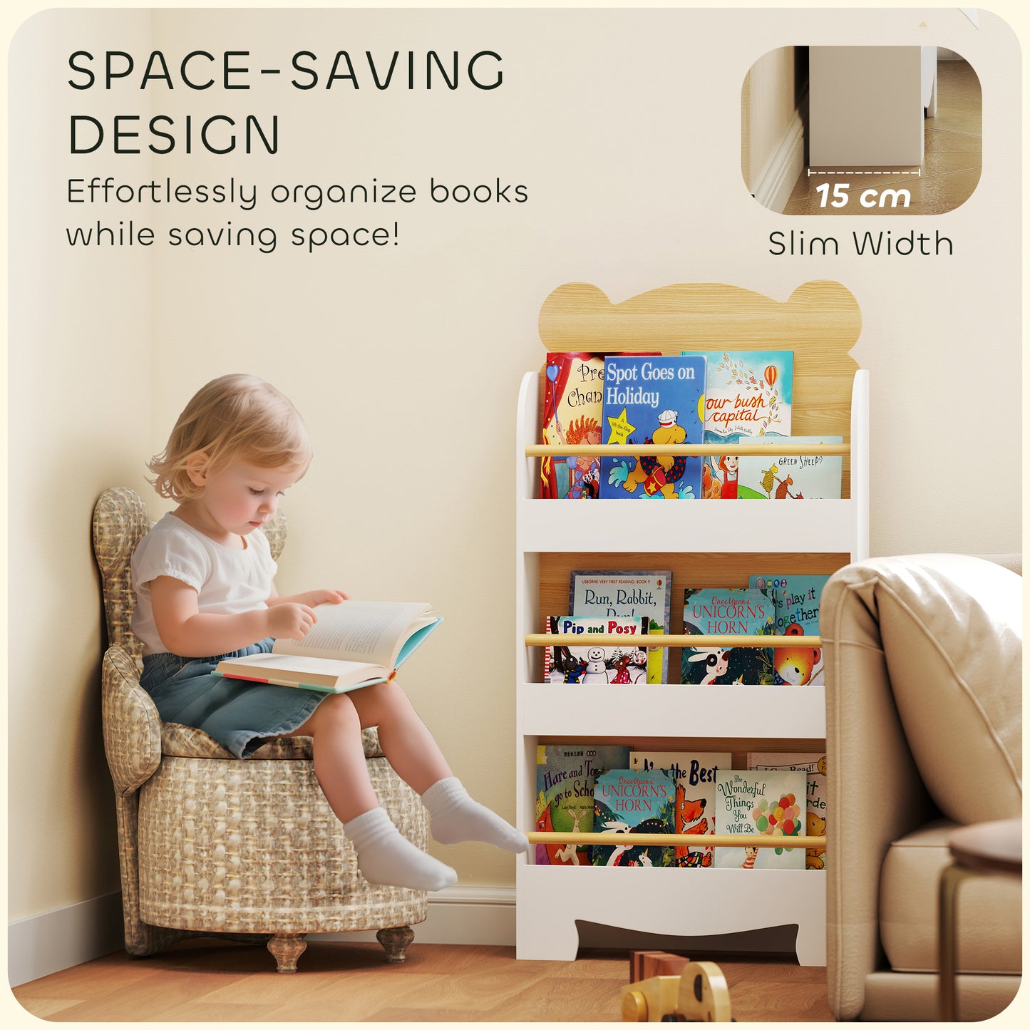 AIYAPLAY Bear Themed Kids Bookshelf 3 Tier White Space Saving Bookcase For Living Room Toddler