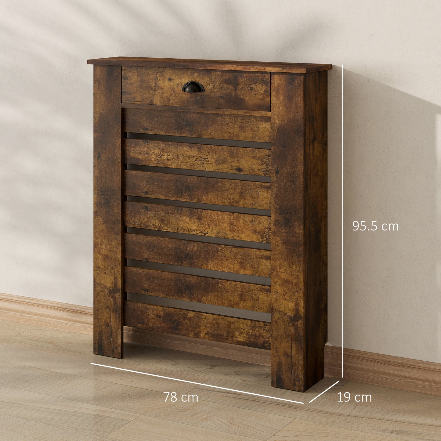 HOMCOM Slim Radiator Cover with Drawer Rustic Brown Slatted MDF and Particle Board