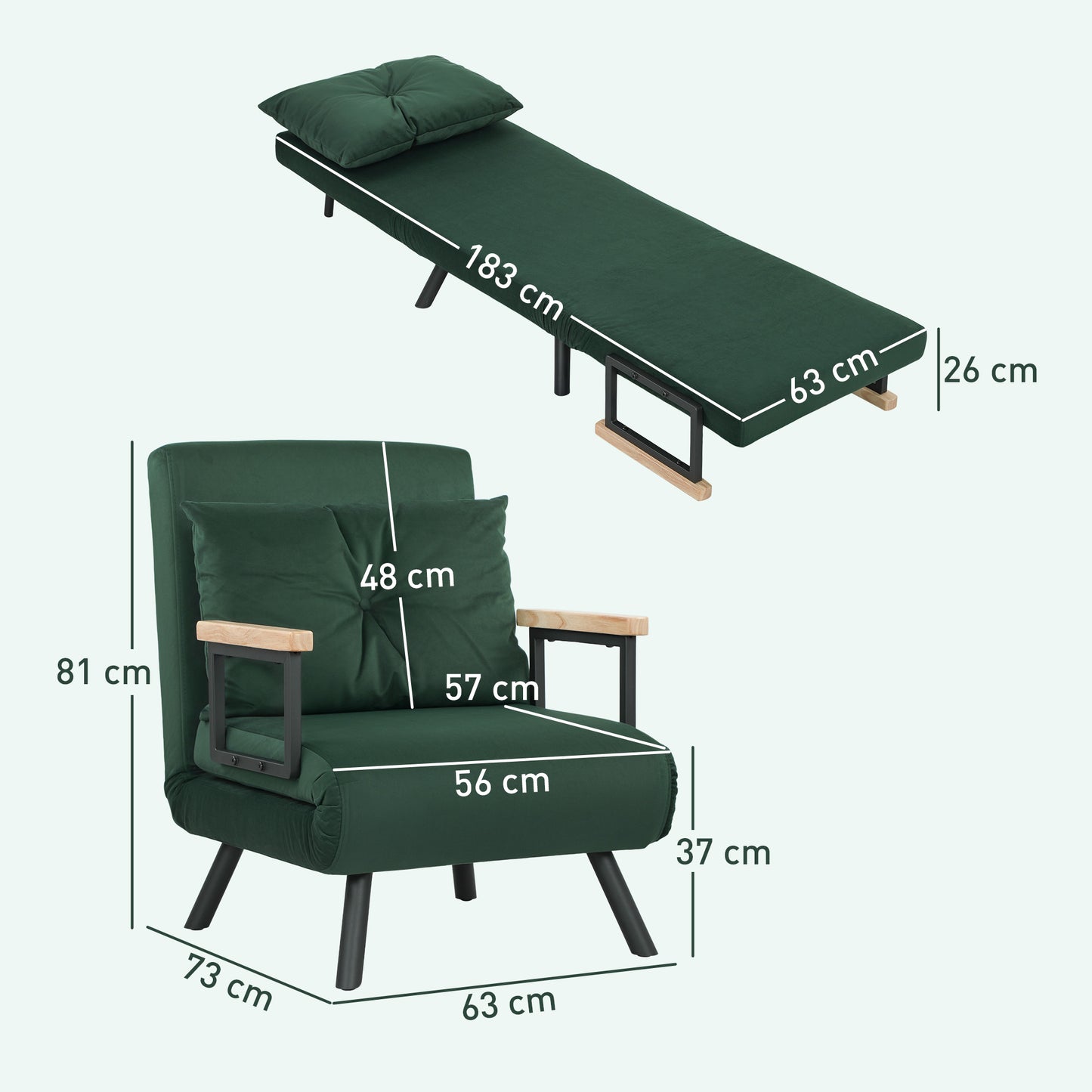 HOMCOM 4-In-1 Velvet-Feel Single Chair Bed With Pillow Green Portable Folding Sofa Bed