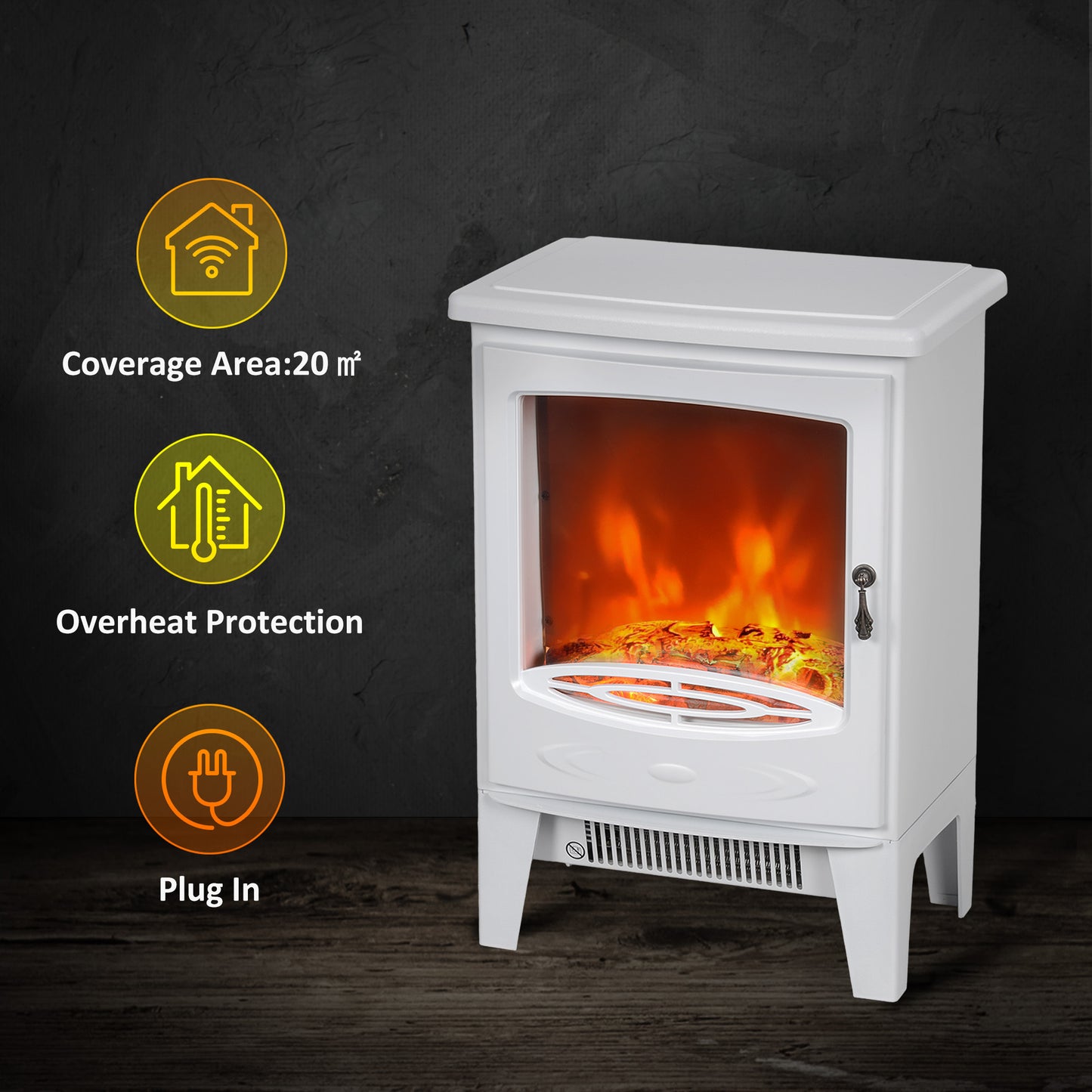HOMCOM Tempered Glass Casing Electric Fireplace With Realistic Flame Effect Overheat Protection White 950W 1850W