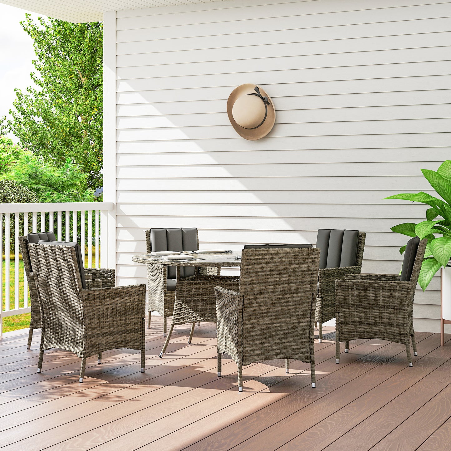 Outsunny Seven Piece Rattan Outdoor Dining Set with Round Glass Top Table and Cushioned Chairs Light Grey