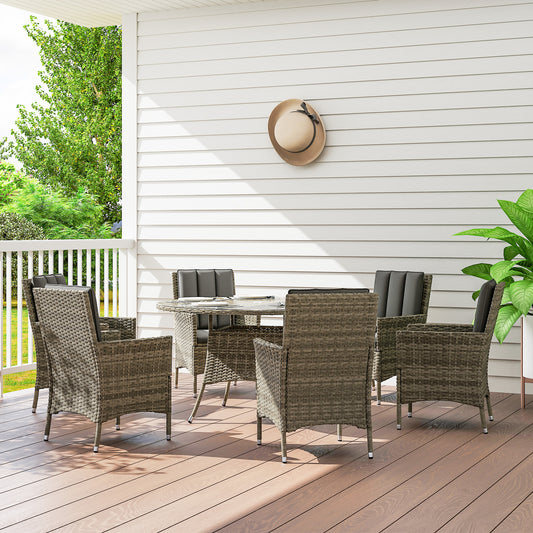 Outsunny Seven Piece Rattan Outdoor Dining Set with Round Glass Top Table and Cushioned Chairs Light Grey