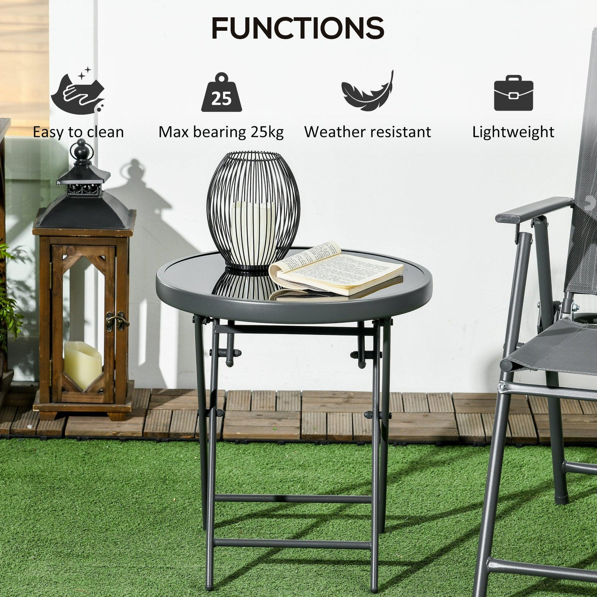 Outsunny Î¦45cm Outdoor Side Table, Round Folding Patio Table with Imitation Marble Glass Top, Small Coffee Table - ALL4U RETAILER LTD