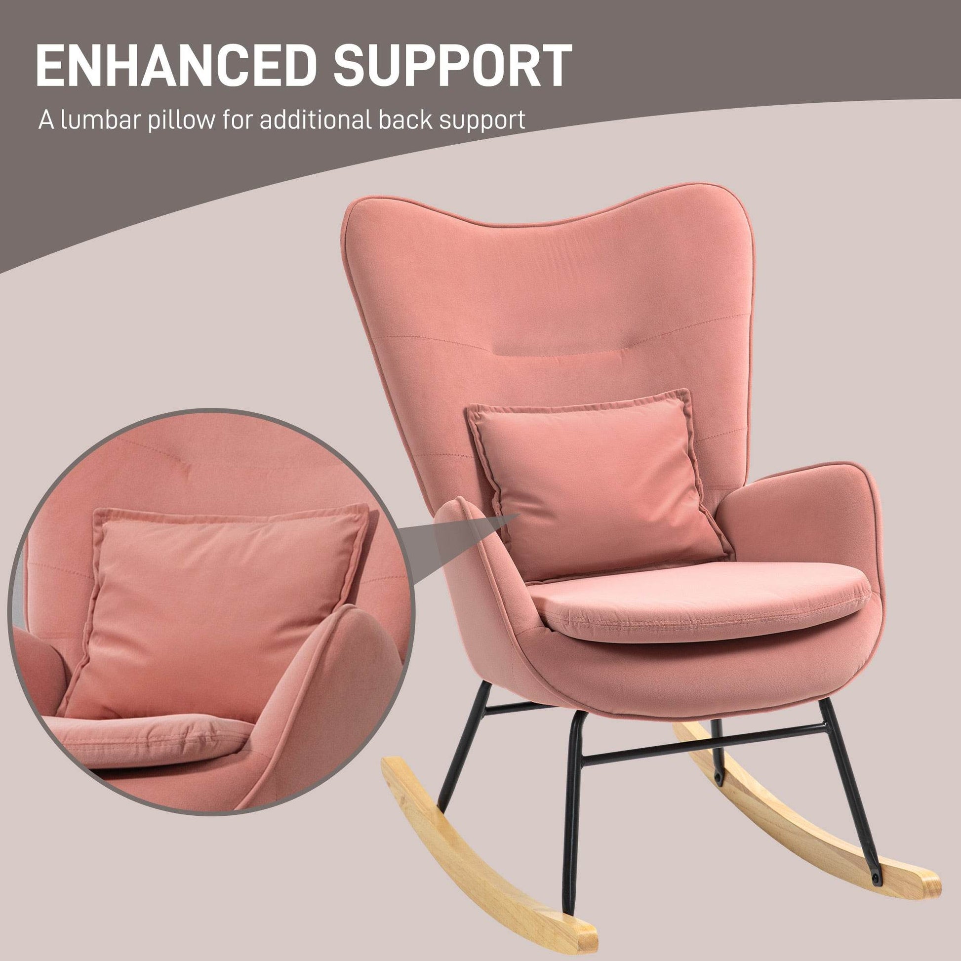 Elegant Pink Velvet Rocking Chair with Lumbar Support and Metal Legs for Living Room and Bedroom - ALL4U RETAILER LTD