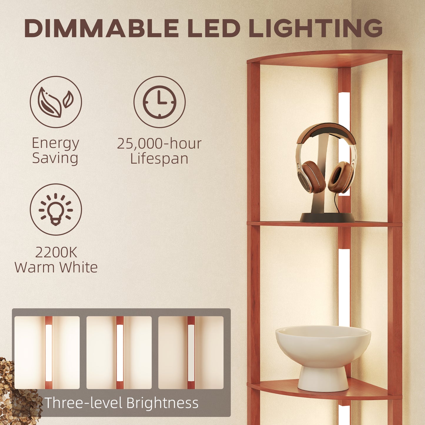 HOMCOM Corner Floor Lamp for Living Room and Bedroom with Dimmable Warm White LED Modern Tall Standing Lamp in Brown