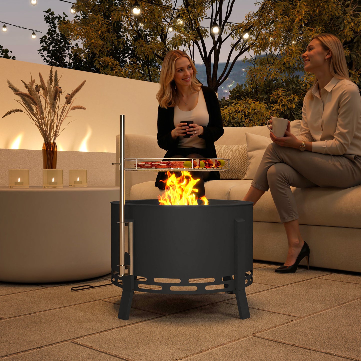 Outsunny Portable Fire Pit 58 cm Round With Grill Grate Ash Catcher And Poker For Garden Camping Bonfire BBQ Black