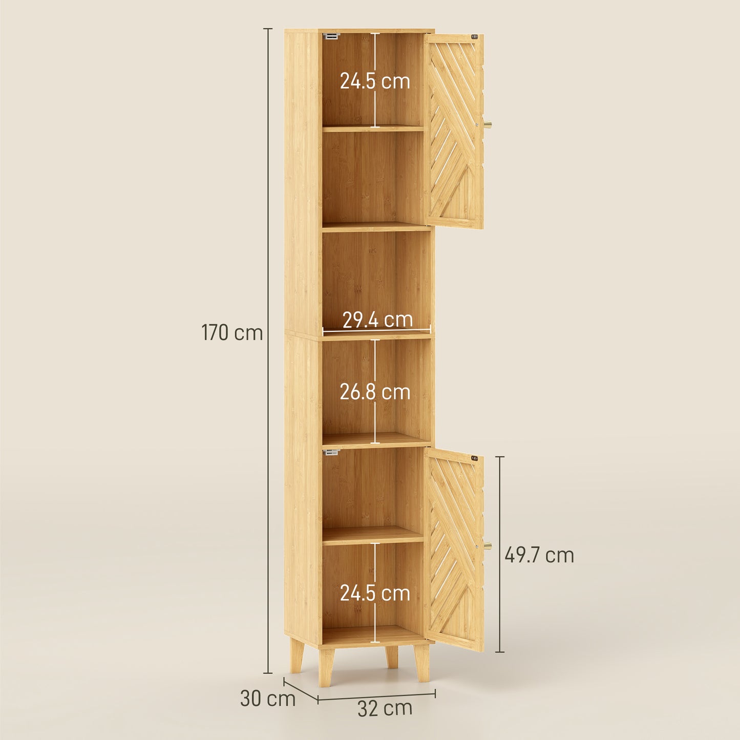 HOMCOM Tall Bamboo Door Bathroom Cabinet With Upper And Lower Cupboards And Adjustable Shelves Natural Finish
