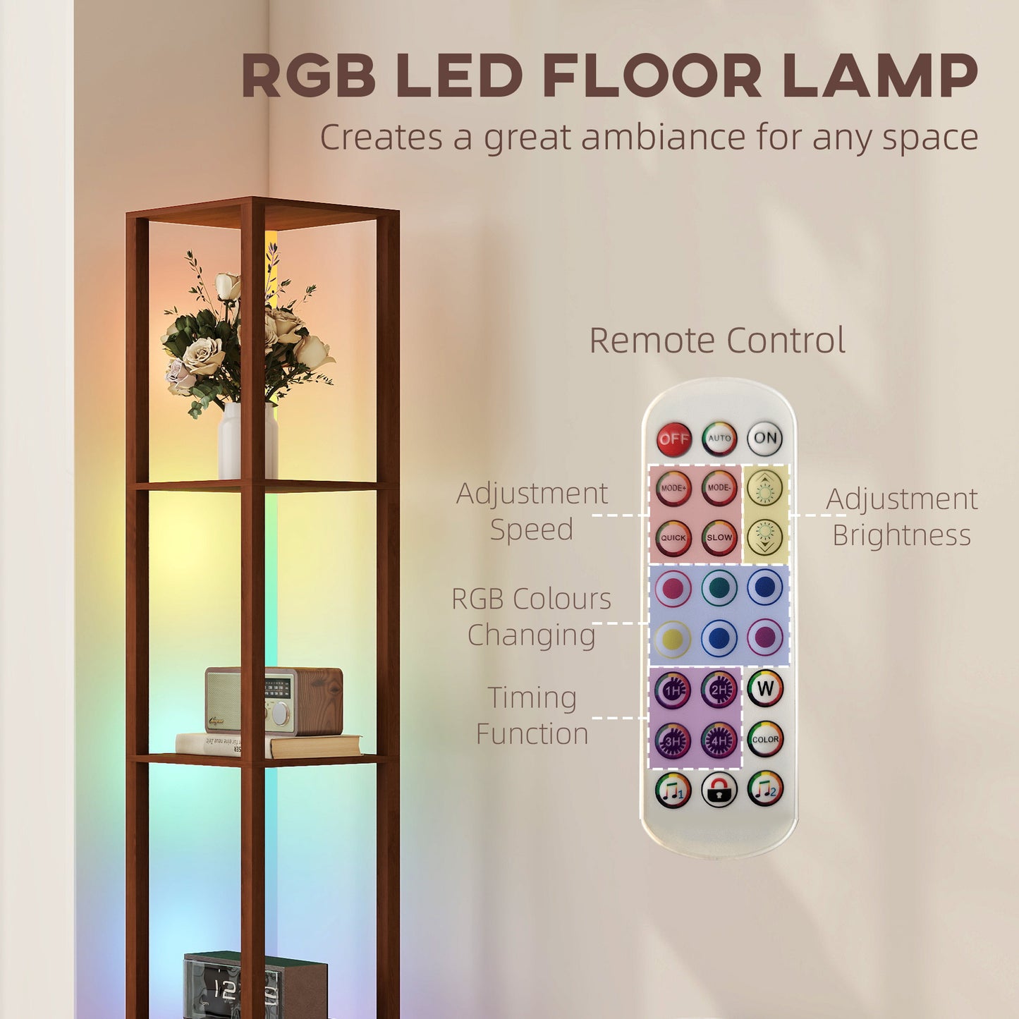 HOMCOM RGB LED Floor Lamp with Shelves Dimmable Standing Lamp Remote Control for Living Room Bedroom Office Brown