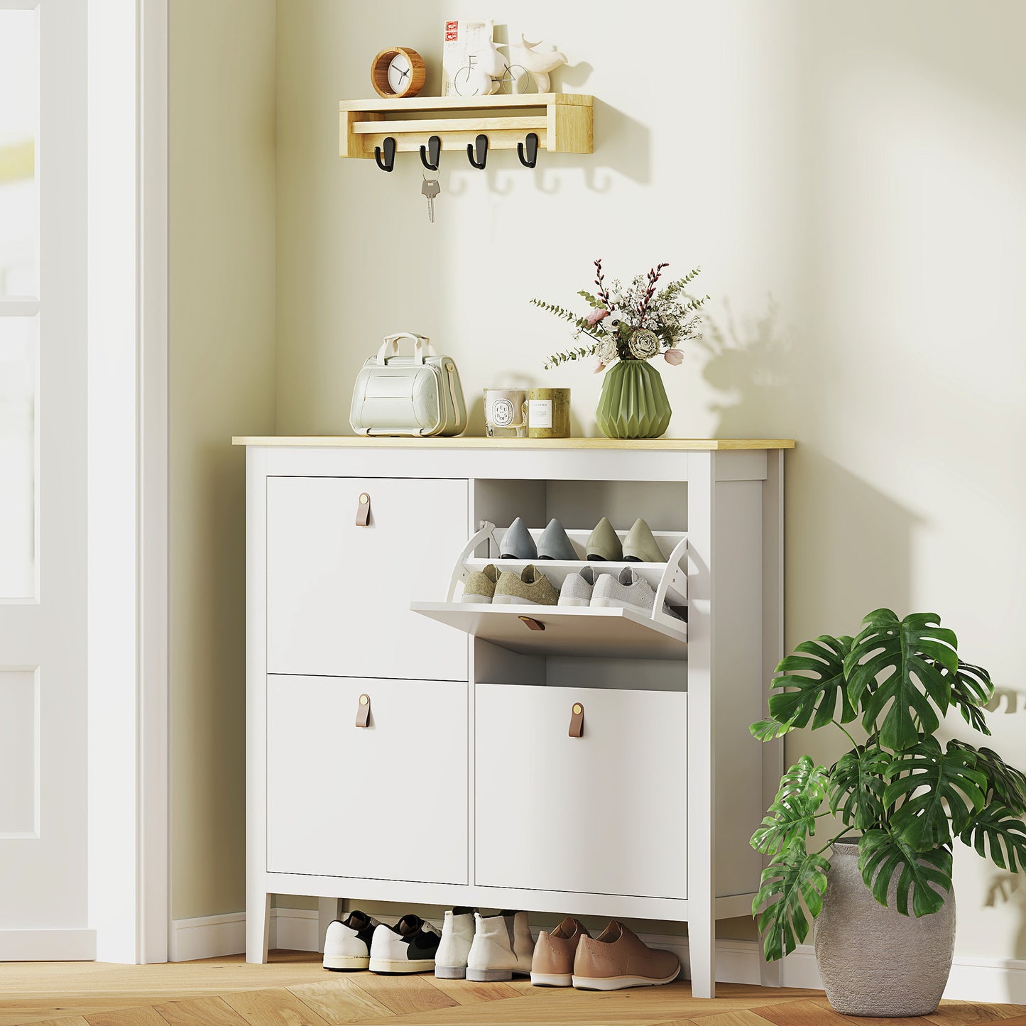 HOMCOM Modern Four Drawer Shoe Cabinet White Narrow Slim Storage For 20 Pairs UK Mens 9.5