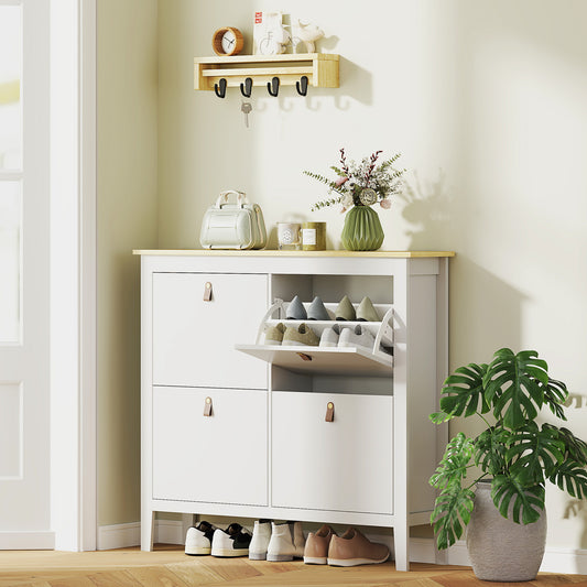 HOMCOM Modern Four Drawer Shoe Cabinet White Narrow Slim Storage For 20 Pairs UK Mens 9.5