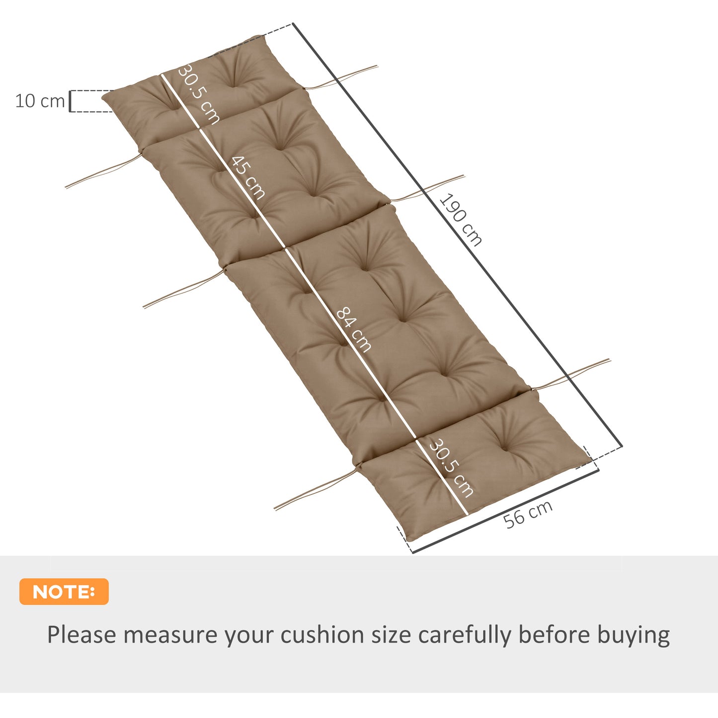 Outsunny Sun Lounger Cushions Set 190x56x10cm Khaki With 6 Ties UPF20 Plus 220gsm Durable Sunbed Cushions