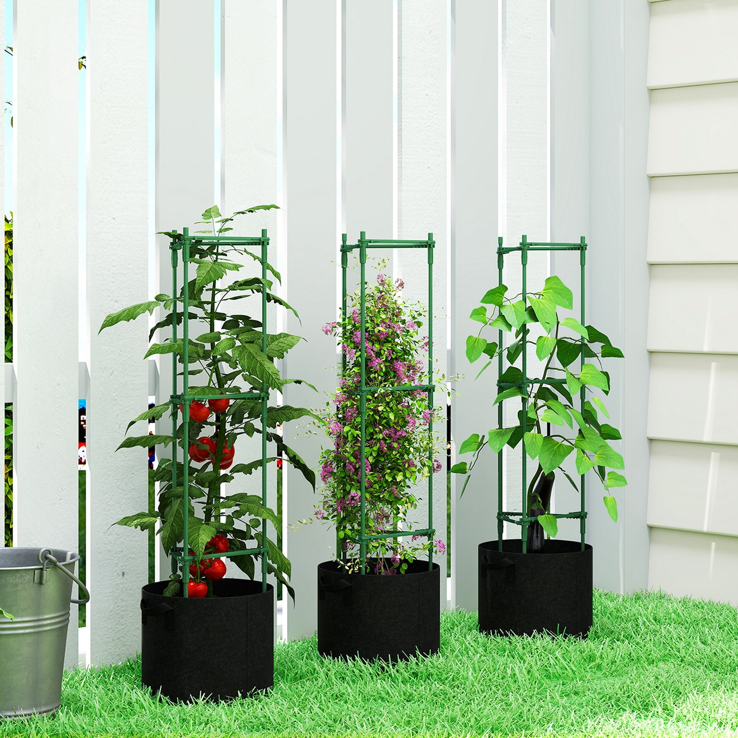 Outsunny 3 Pack Tomato Cages With 83.7L Grow Bags 120cm Adjustable Triangle Plant Stakes Trellis And Planter Bags