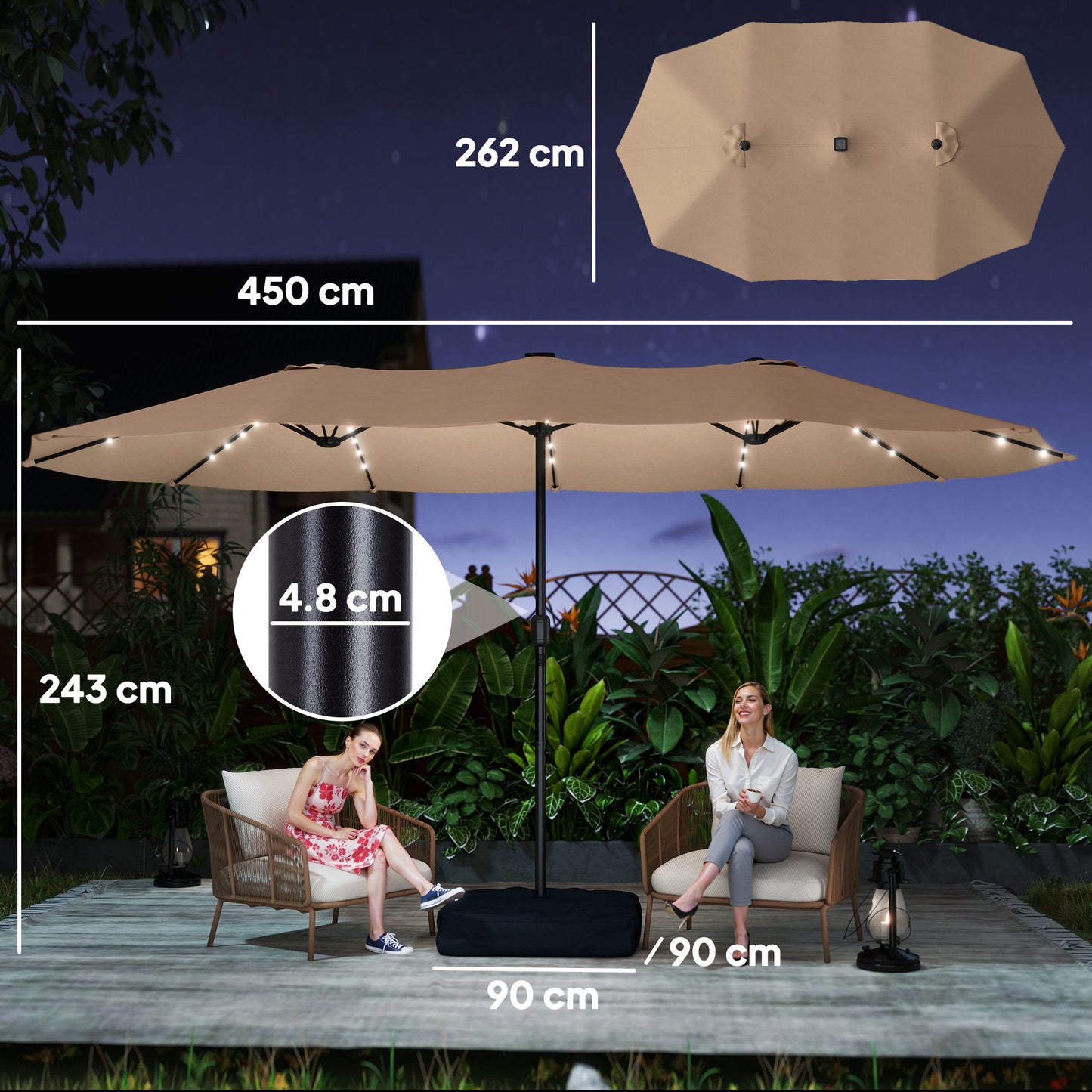 Outsunny Double Sided Patio Umbrella With Solar Powered LED Lights And Base Khaki 450 X 265 Cm Shade