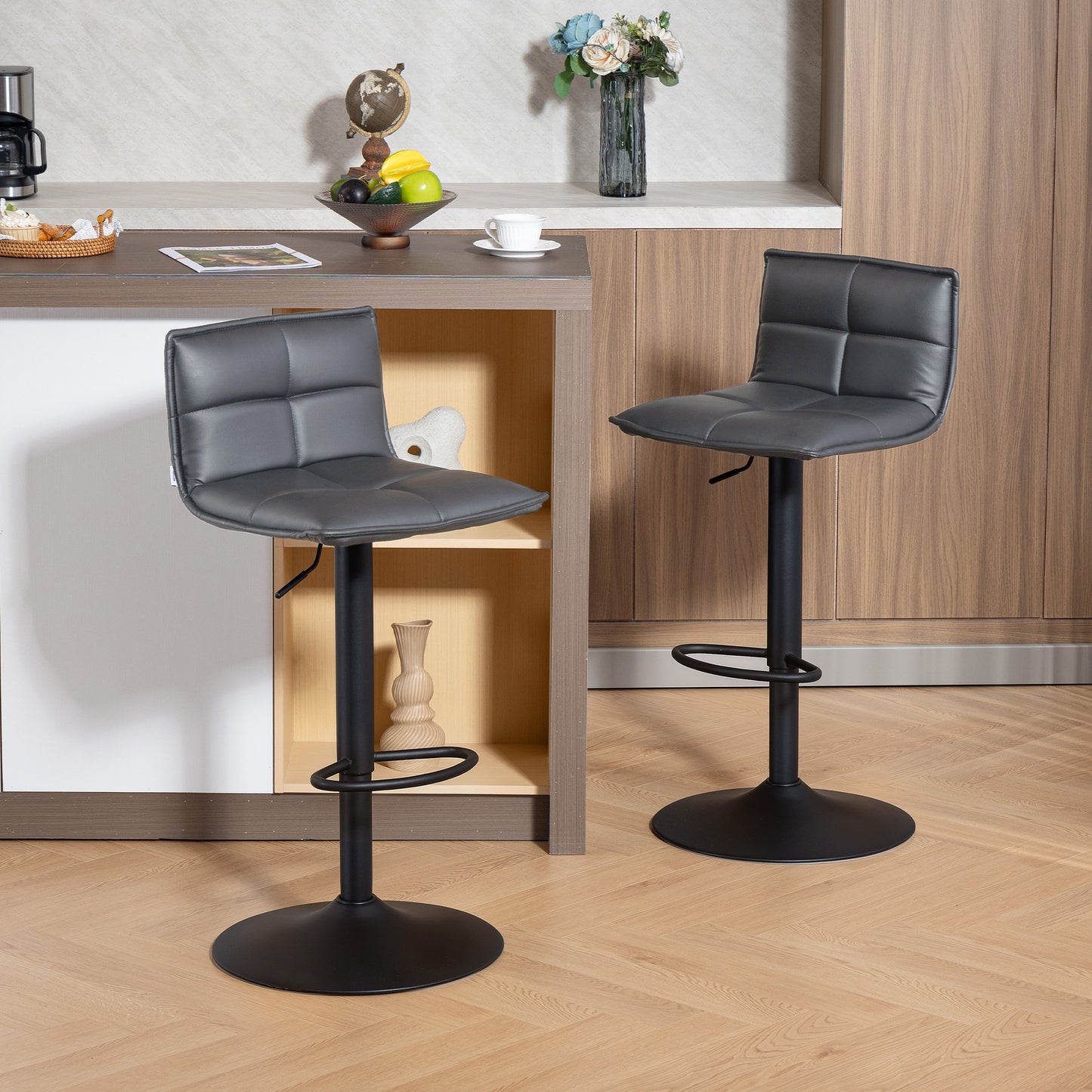 HOMCOM Set of Two Modern Faux Leather Bar Stools with Gas Lift and 360 Degree Swivel Dark Grey
