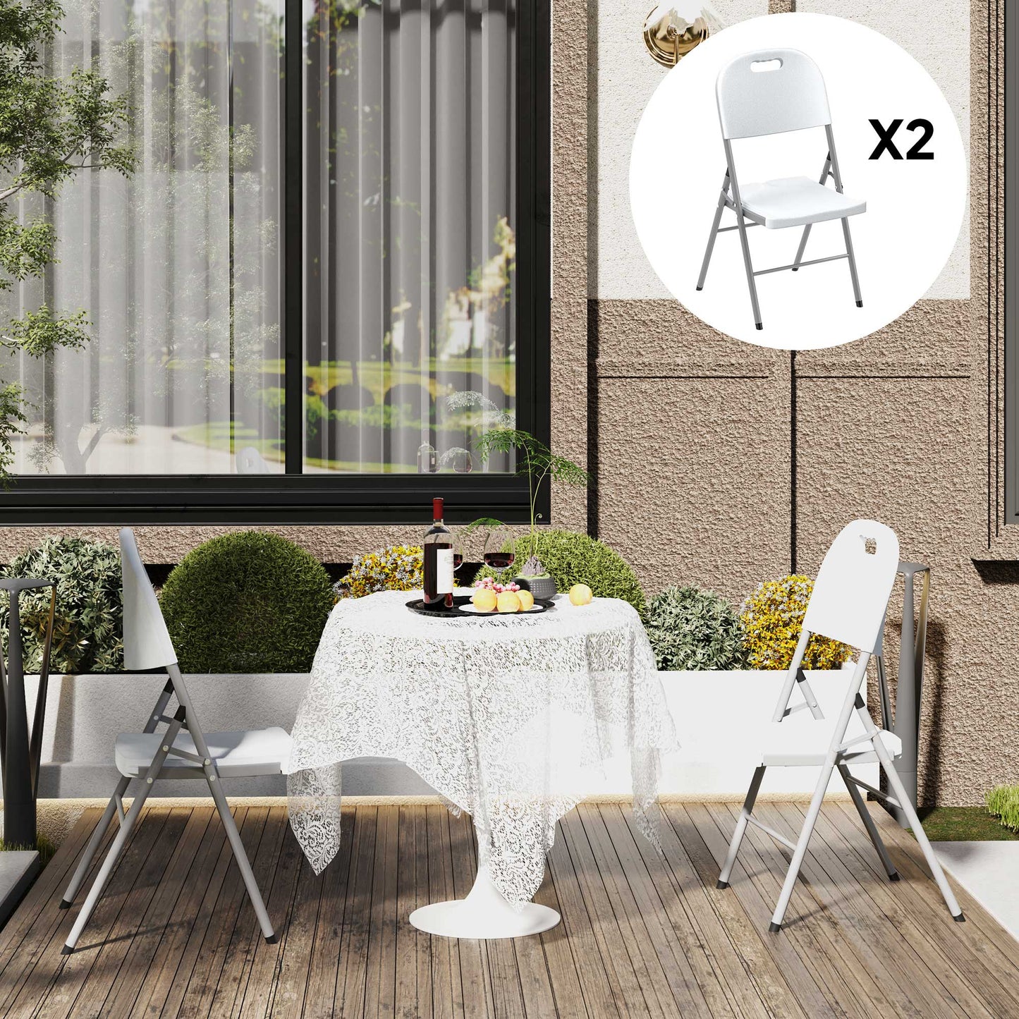 Outsunny Set Of Two Foldable Outdoor Chairs White Lightweight Powder Coated Steel Frame For Easy Carry And Storage