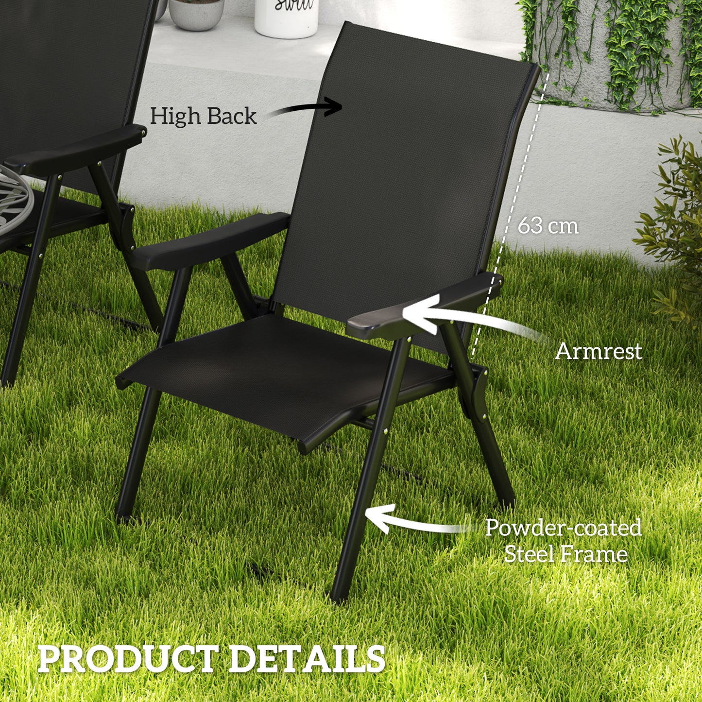 Outsunny Set Of Four Folding Outdoor Chairs Black With 63cm High Backrests And Breathable Mesh Seats