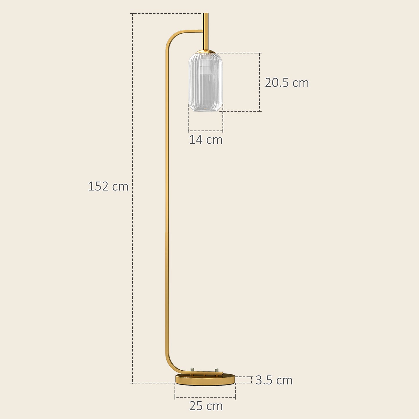 HOMCOM LED Floor Lamp With Glass Lampshade Modern Standing Lamp Foot Switch Adjustable Brightness 2700K Gold Tone