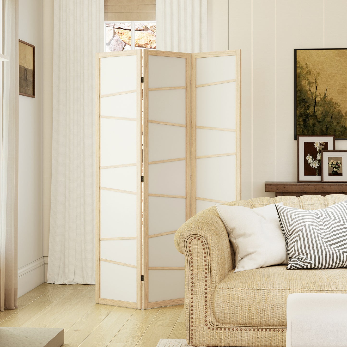 HOMCOM 3 Panel Wooden Folding Privacy Screen Room Divider For Bedroom Living Room Natural Wood Finish