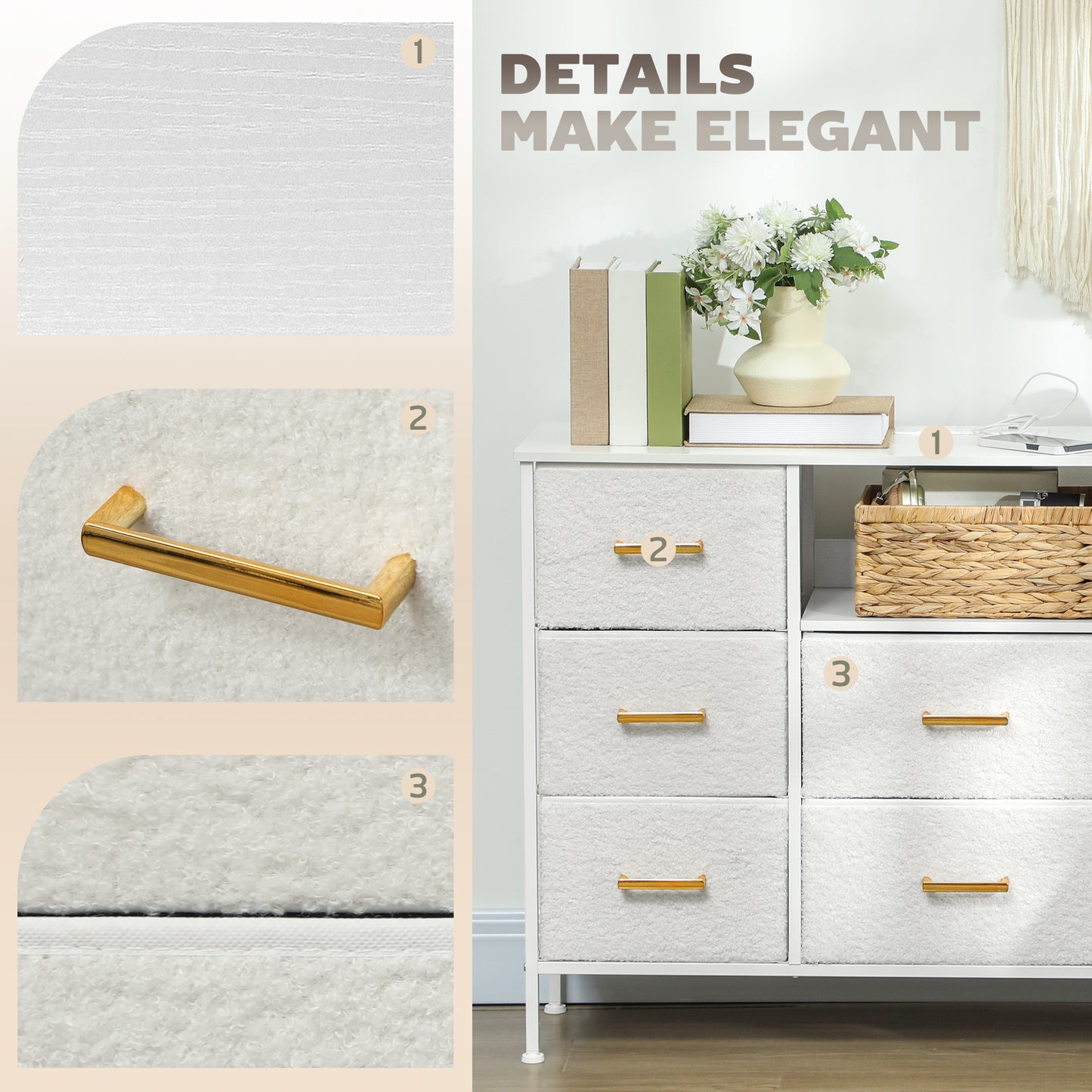 HOMCOM Boucle Chest Of Drawers With 8 Fabric Drawers And Charging Station 2 USB 2 AC Ports Steel Frame Cream White