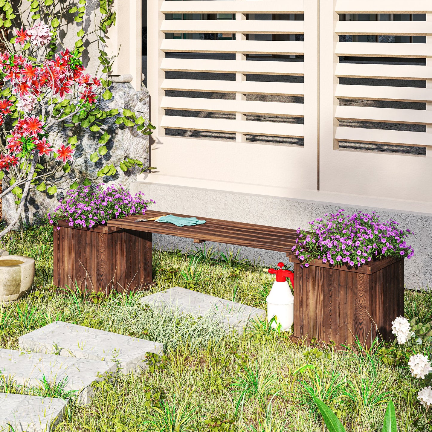 Outsunny Wooden Garden Planter And Bench Combination With Raised Bed For Patio Carbonised Finish 176 By 38 By 40 Cm