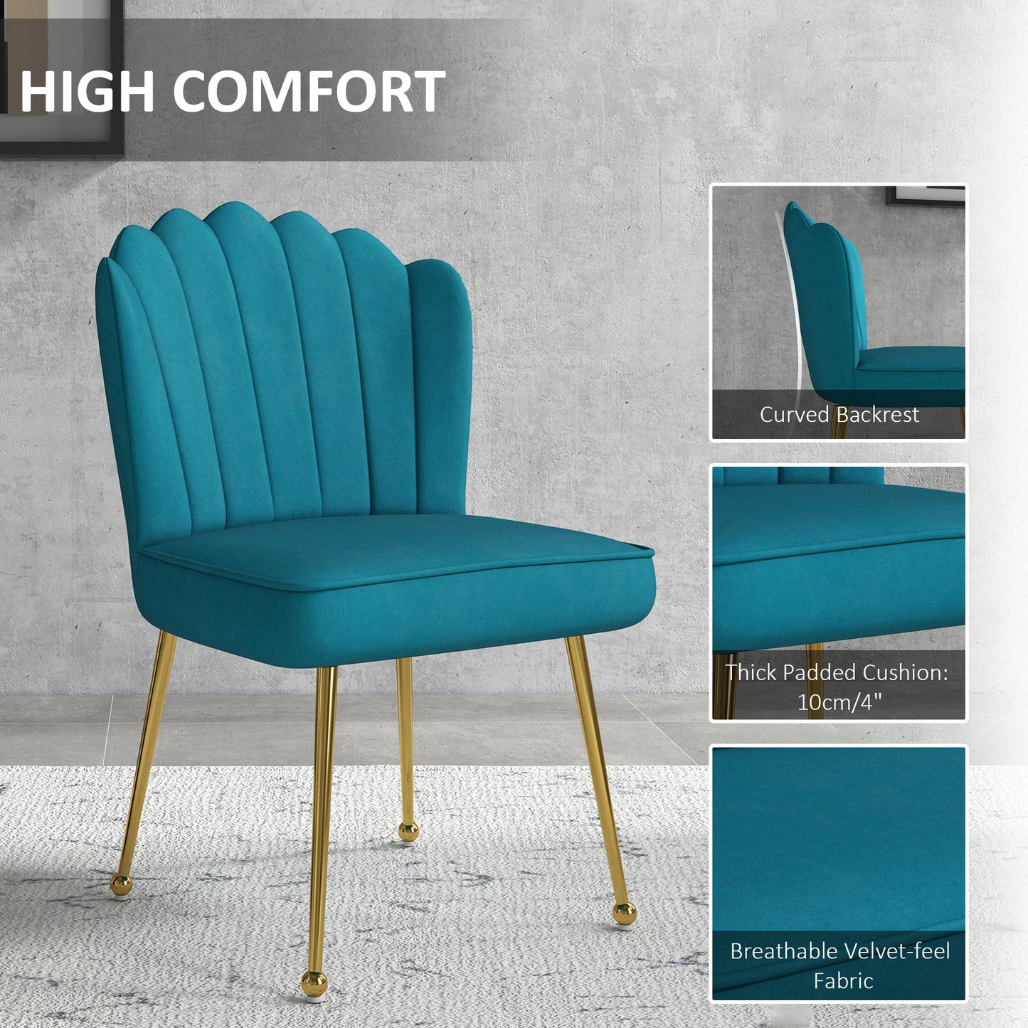 HOMCOM Elegant Blue Velvet Shell Accent Chair with Gold Legs