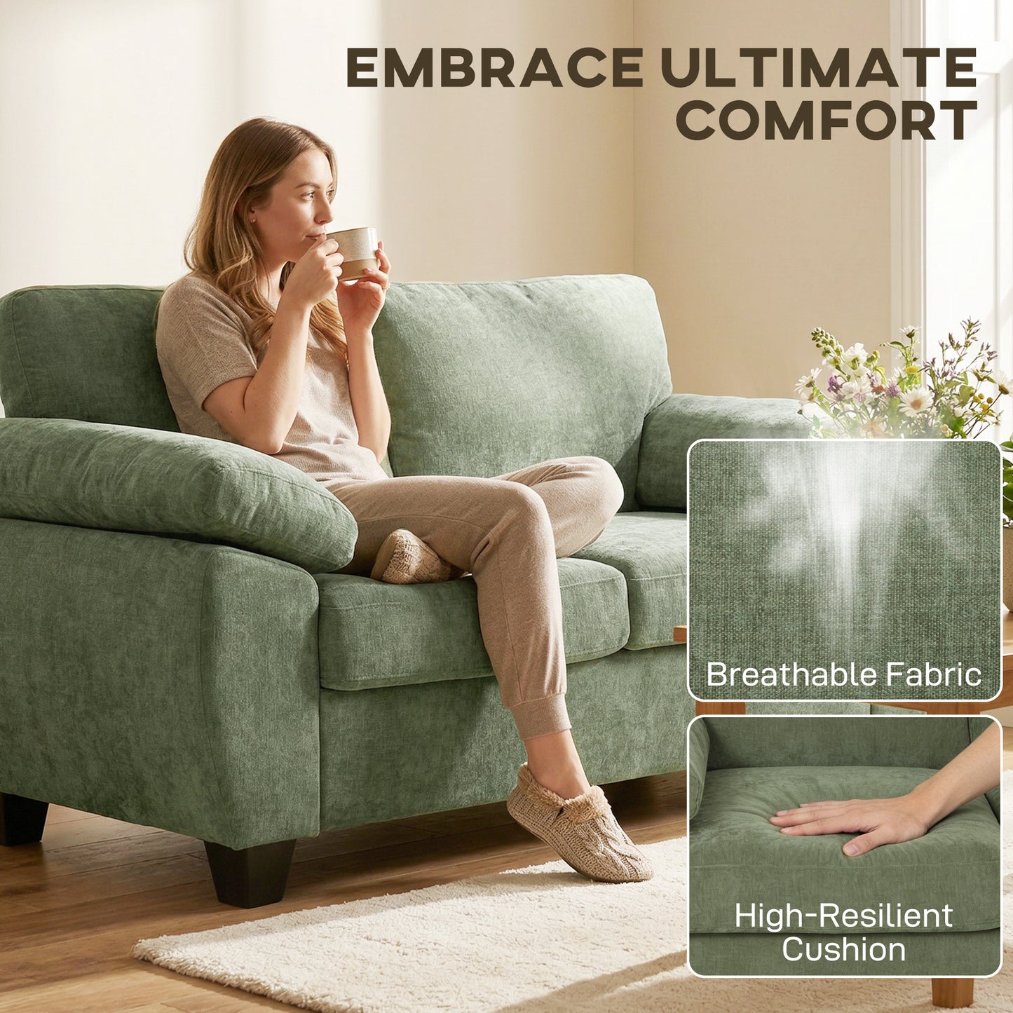 HOMCOM 2 Seater Sofa 156cm Chenille Loveseat Dark Green With Thick Cushioned Seat And Soft Upholstery
