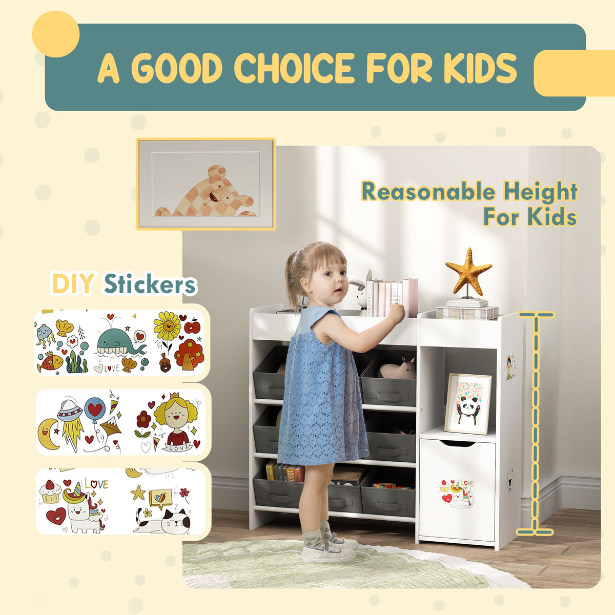 White kids toy storage organizer with kid-friendly height design and DIY sticker panels