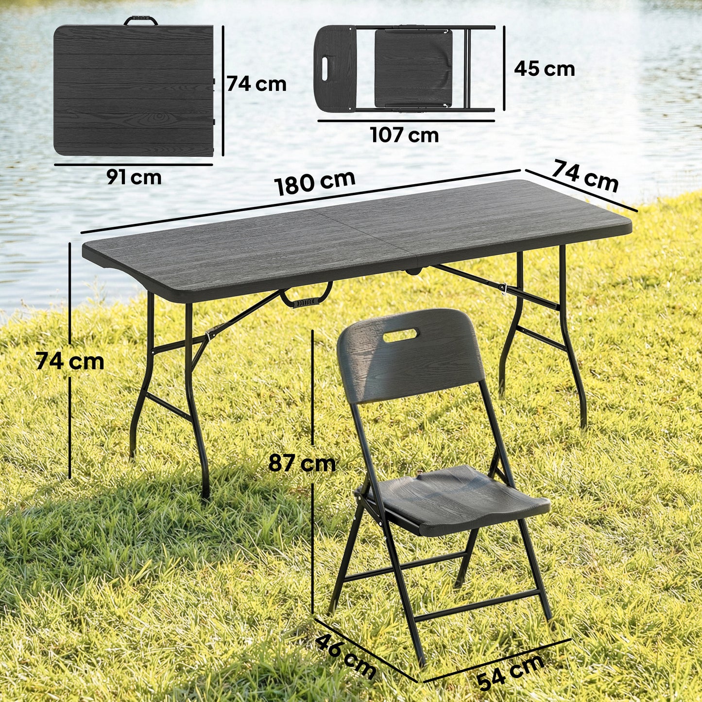 Outsunny 5 Piece 6ft Foldable Table and Chairs Portable Picnic Set Waterproof Top and Steel Frame Black