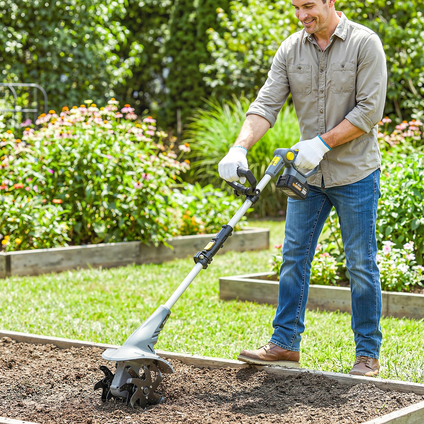 Outsunny Cordless Garden Tiller Rotavator 18V With Dual 4000mAh Batteries And Charger 20cm Tilling Width 18cm Depth