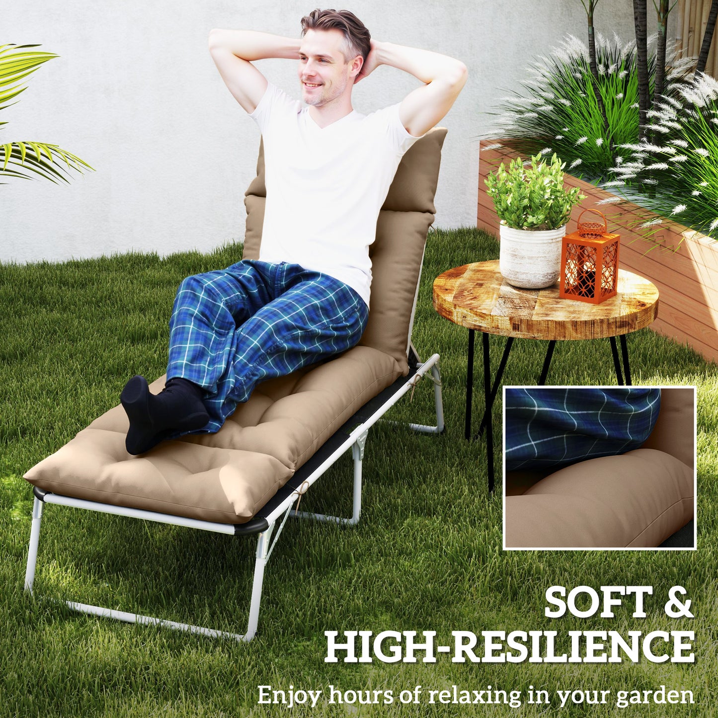 Outsunny Sun Lounger Cushions Set 190x56x10cm Khaki With 6 Ties UPF20 Plus 220gsm Durable Sunbed Cushions